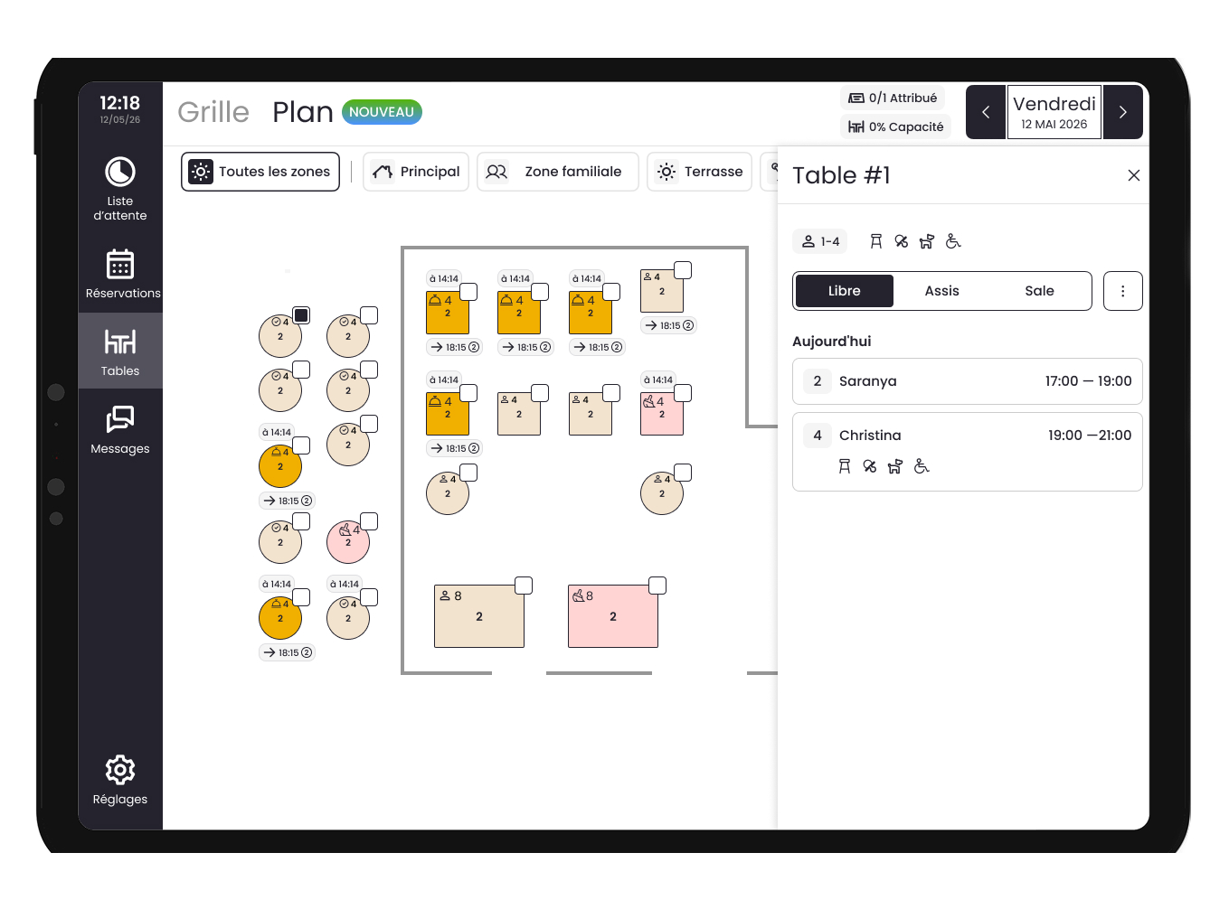 AI-generated restaurant floor plan on iPad with automatic table merging