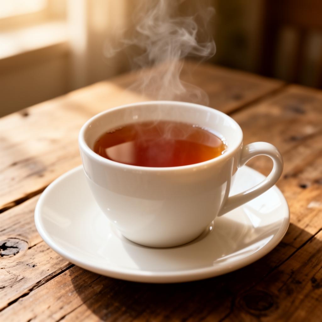 A steaming cup of tea on a wooden table